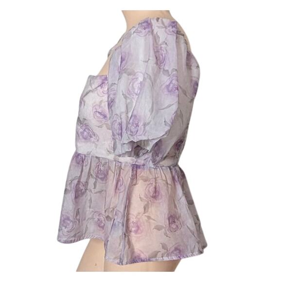 Floral Puff Sleeve Top Sheer Peplum Women Medium Square Neck Fairy Coquette Boho - Picture 2 of 7